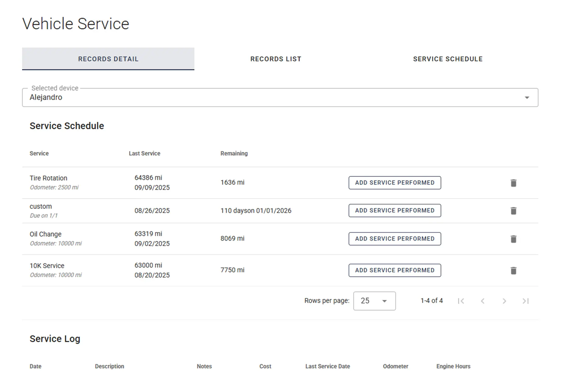 One Step GPS UI showing vehicle service dashboard